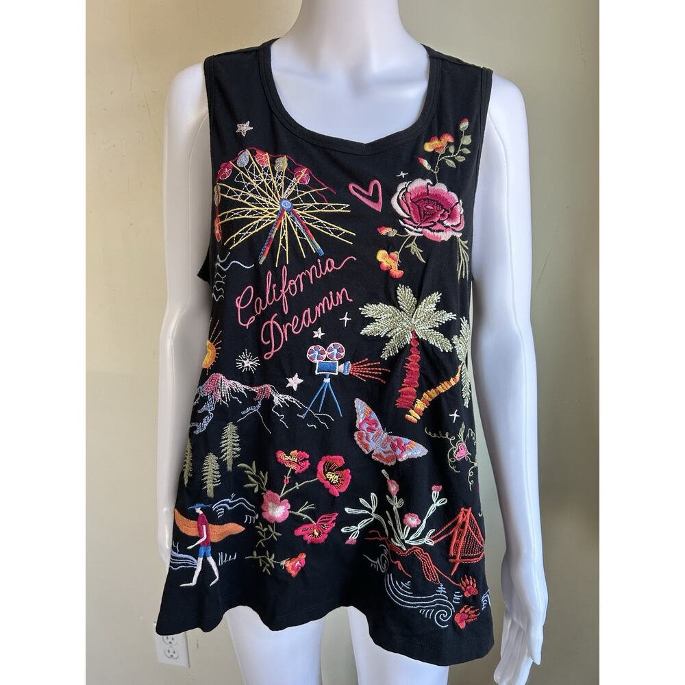 Johnny Was California Dreamin Embroidered Tank Top Womens M Black Boho Cotton - Picture 7 of 7